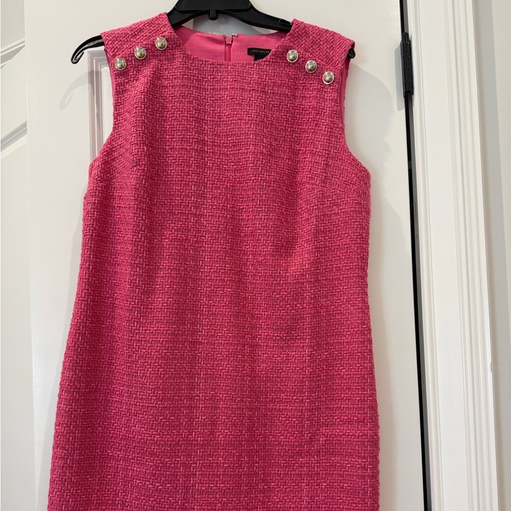 Ann Taylor Hot Pink Tweed Sleeveless Shift Dress with Gold Buttons